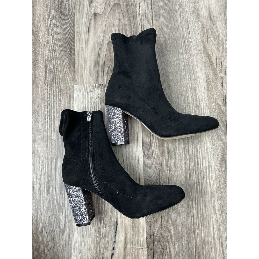 Jewel Badgley Mischka Jovanna Black Faux Suede Glitter Block Heel Booties 6
